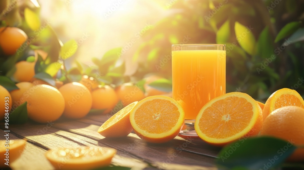 Naklejka premium A glass of fresh orange juice surrounded by sliced oranges, placed on a wooden table with bright sunlight illuminating the scene