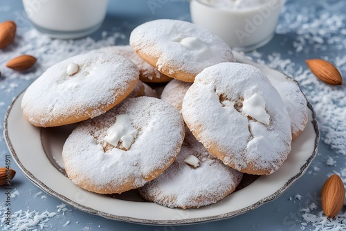 A greek kourabiedes cookie dusted with powdered sugar and decorated with an almond, AI Generated photo