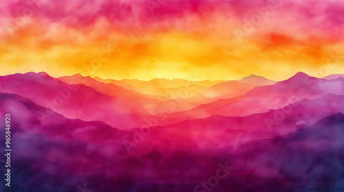 A painting of mountains with a sunset in the background