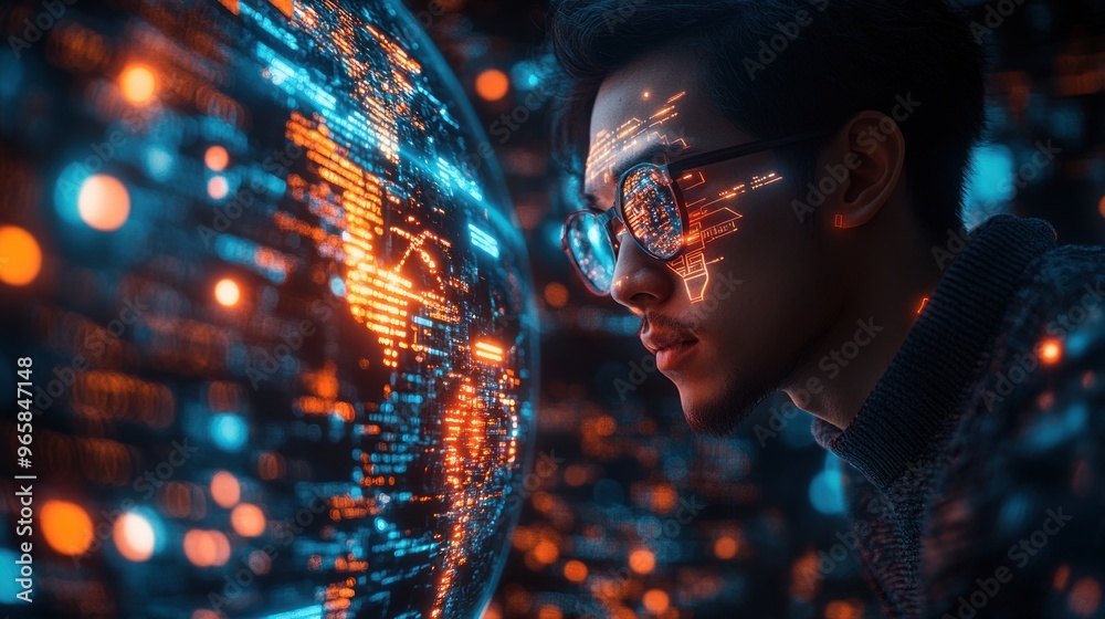 A man gazes at a glowing digital globe, immersed in data. A man gazes at a glowing digital globe, immersed in data.