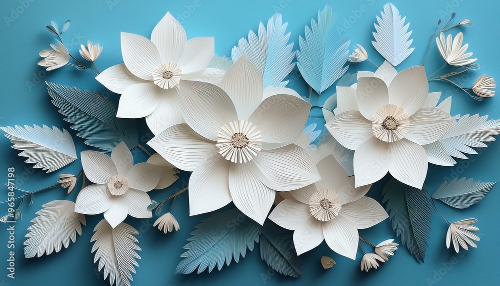 Delicate Origami White Flowers on Light Blue Background, Paper Art Blooming Mockup, Spring Floral Composition, Minimalist Floral Decor, Tender Handcrafted Flower Paper Cut Art Delicate Origami White Flowers on Light Blue Background, Paper Art Blooming Mockup, Spring Floral Composition, Minimalist Floral Decor, Tender Handcrafted Flower Paper Cut Art