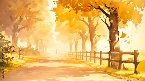 イチョウ舞い散る並木のイラスト1