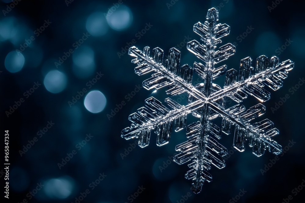 Macro photo of a real translucent snowflake sparkling on dark blue background with bokeh and blank space for design Macro photo of a real translucent snowflake sparkling on dark blue background with bokeh and blank space for design