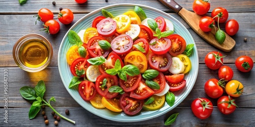 Fresh and colorful tomato salad on a plate , salad, tomatoes, vegetables, healthy, organic, tasty, appetizer, vibrant