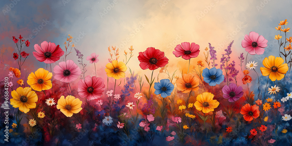 Obraz premium A painting of a field of flowers with a blue sky in the background