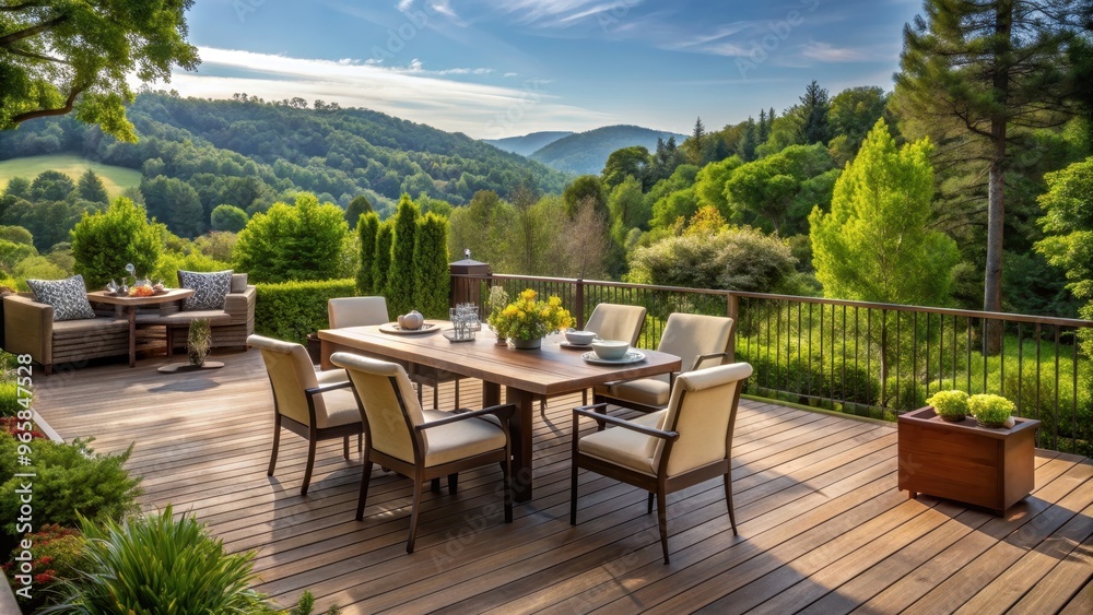 Fototapeta premium Outdoor dining set on a wooden deck surrounded by lush greenery in Napa Valley, California , Spring