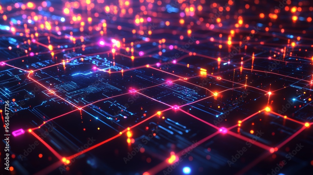 Futuristic Digital Network with Neon Grid and Data Points Futuristic Digital Network with Neon Grid and Data Points