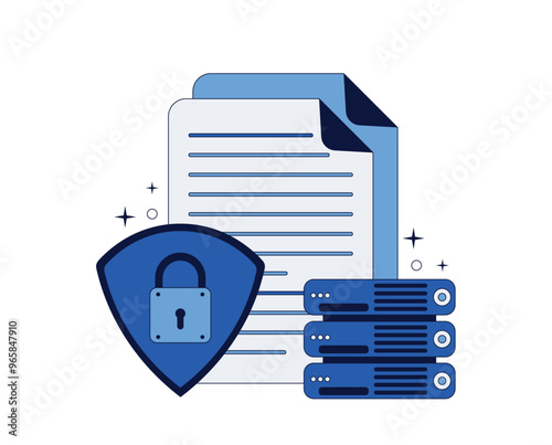 Server with data protection, big shield. This symbolizes the protection and security of data on the server. Vector illustration