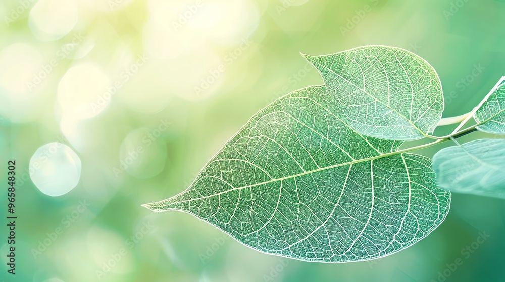 Obraz premium Green leaf with delicate veins and a soft-focus forest background, green leaf, intricate natural beauty