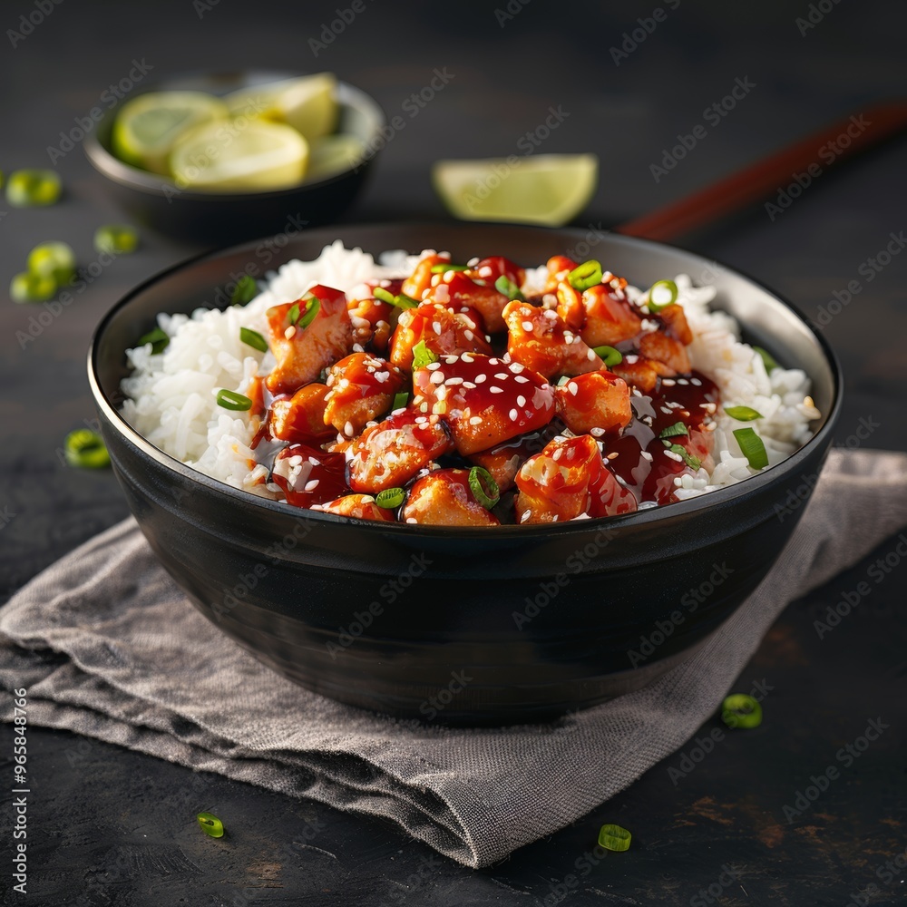 Spicy Chicken with Teriyaki Sauce, Sesame Seeds Served with White Rice and Green Onions, Close Up Spicy Chicken with Teriyaki Sauce, Sesame Seeds Served with White Rice and Green Onions, Close Up