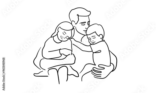 Father and two chieldrens continuous line art drawing isolated on white background. Fathers day. Vector illustration	