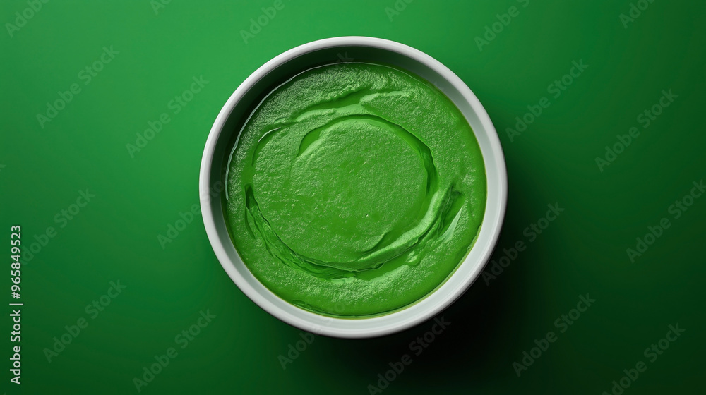 A bowl of vibrant green puree, possibly a vegetable or herb blend, sits on a matching green background, creating a harmonious and colorful presentation. A bowl of vibrant green puree, possibly a vegetable or herb blend, sits on a matching green background, creating a harmonious and colorful presentation.