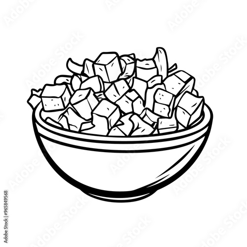 Caesar Salad with Croutons – Black Outline Vector Illustration for Health-Conscious Restaurant Menus