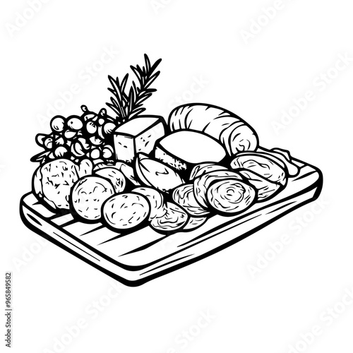 Charcuterie Board with Meats, Cheeses, and Crackers – Black Outline Vector Illustration Ideal for Wine Bars and Gourmet Food Branding