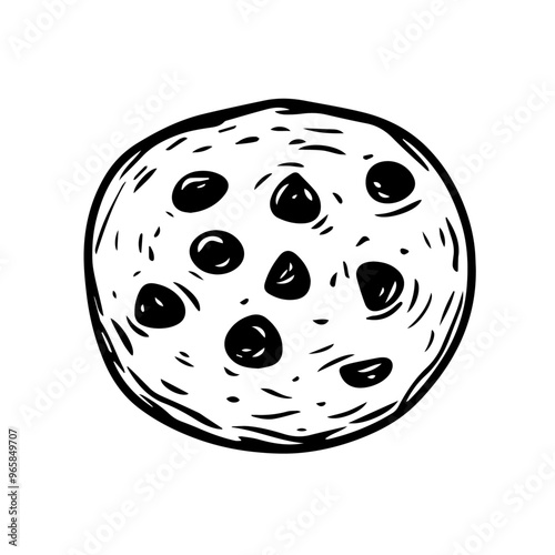 Chocolate Chip Cookie – Black Outline Vector Illustration with Transparent Background for Use in Bakery Packaging, Menu Design, and Delicious Dessert Advertising Campaigns