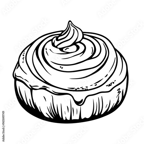 Cinnamon Roll with Drizzled Icing – Black Outline Vector Illustration Perfect for Bakery Menus, Coffee Shop Branding, and Sweet Dessert Promotions