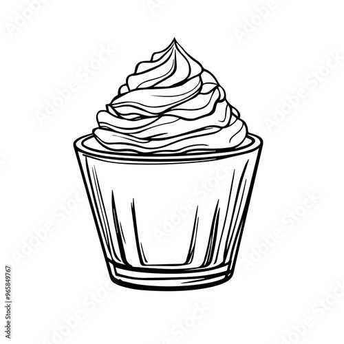 Chocolate Mousse with Whipped Cream – Black Outline Vector Illustration for Dessert Shop Menus