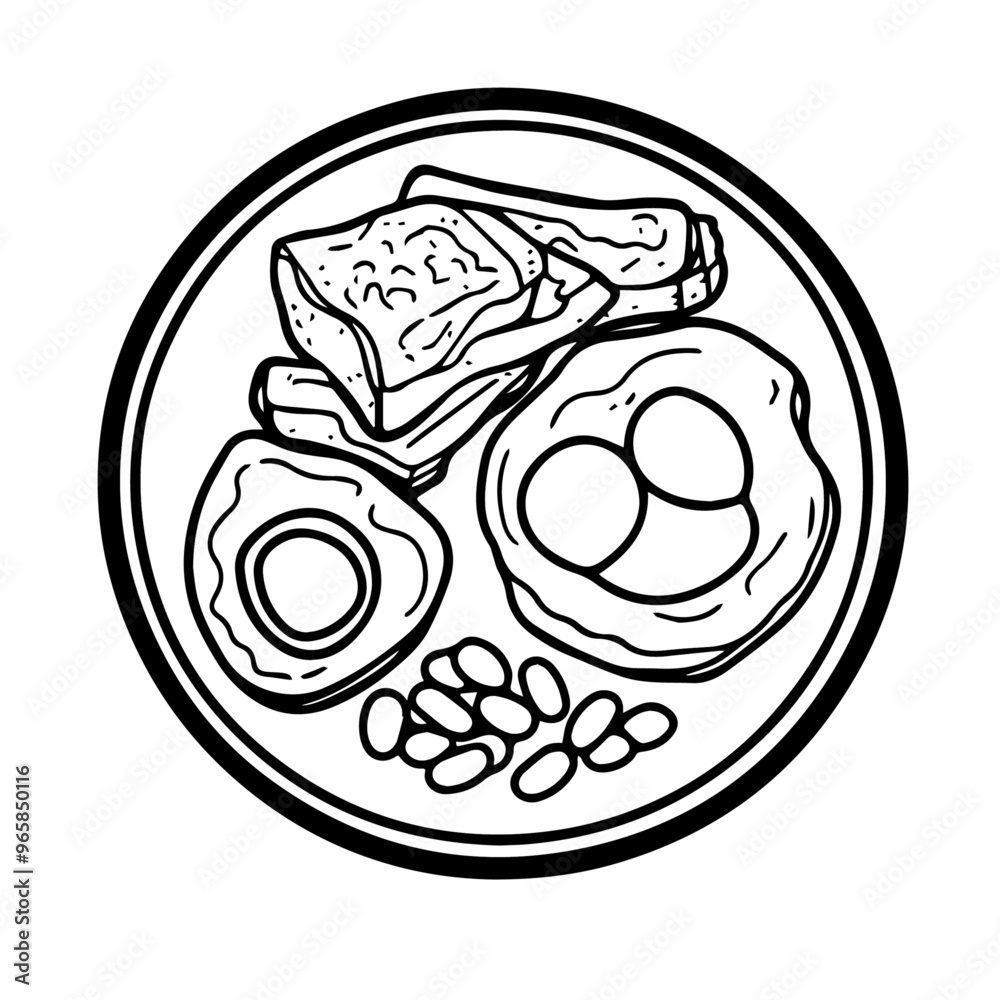 English Breakfast Plate – Black Outline Vector Illustration for Traditional Breakfast Menus