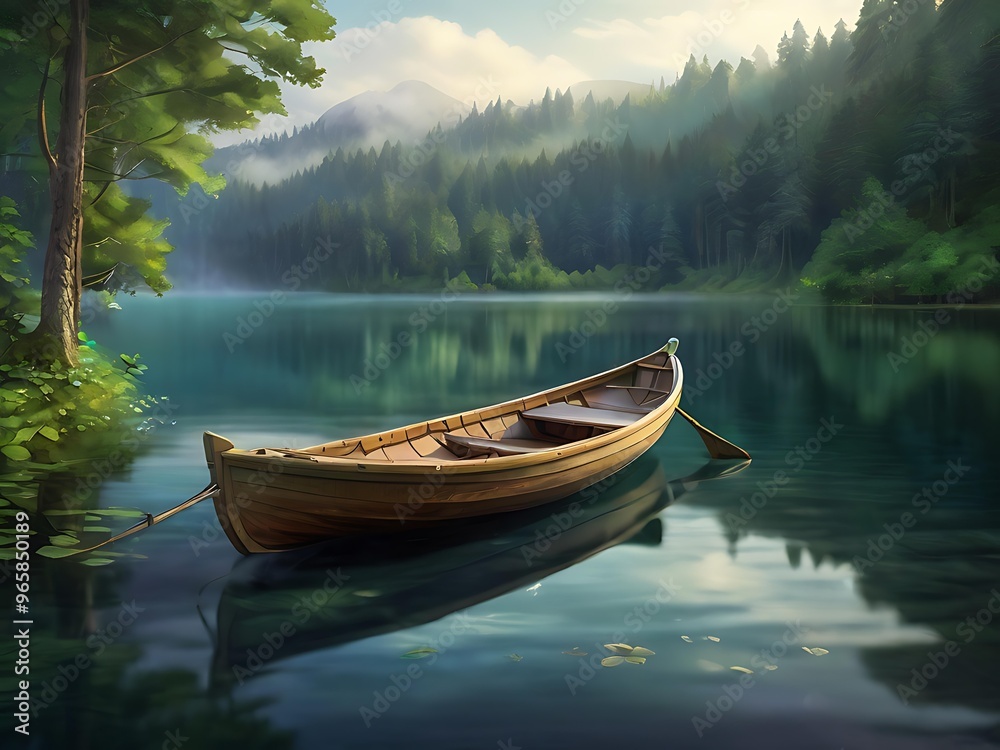 Small rowboat tied to a wooden pier, floating gently on calm lake waters surrounded by dense forest trees. Small rowboat tied to a wooden pier, floating gently on calm lake waters surrounded by dense forest trees.
