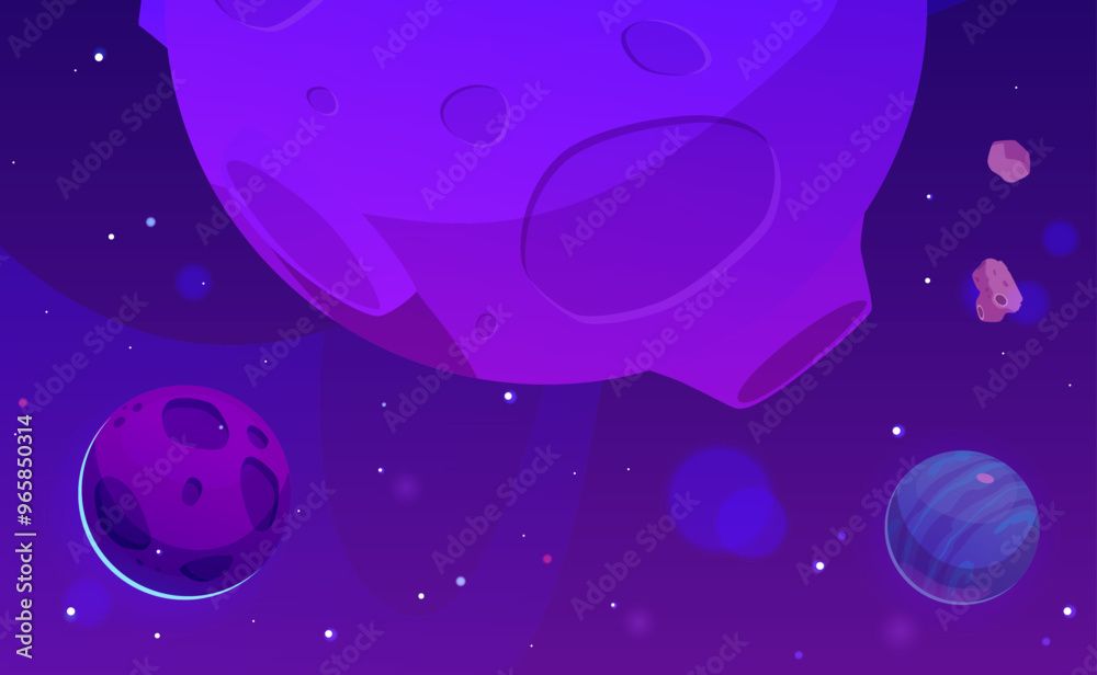 Vector illustration of planets with craters, asteroids, moons, meteorites on a background of bright stars Vector illustration of planets with craters, asteroids, moons, meteorites on a background of bright stars