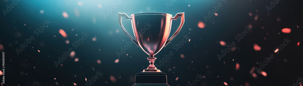 Fototapeta premium A shiny trophy stands proudly against dramatic background, symbolizing victory and achievement in competitive events. atmosphere is filled with excitement and celebration