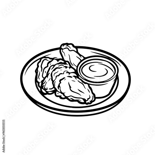 Plate of Chicken Wings with Dipping Sauce – Black Outline Vector Illustration Ideal for Sports Bar Menus, Fast Food Restaurants, and Snack Promotions