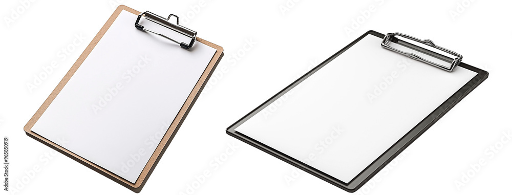 Isolated set of two Blank white paper on brown and black clipboard for mockup. Isolated set of two Blank white paper on brown and black clipboard for mockup.