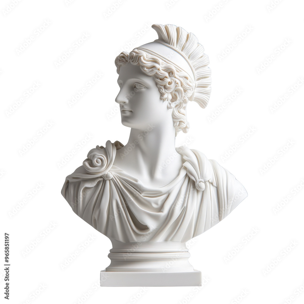 Obraz premium Elegant white marble bust of a male figure, showcasing classical artistry and intricate detailing, ideal for decor or design inspiration.