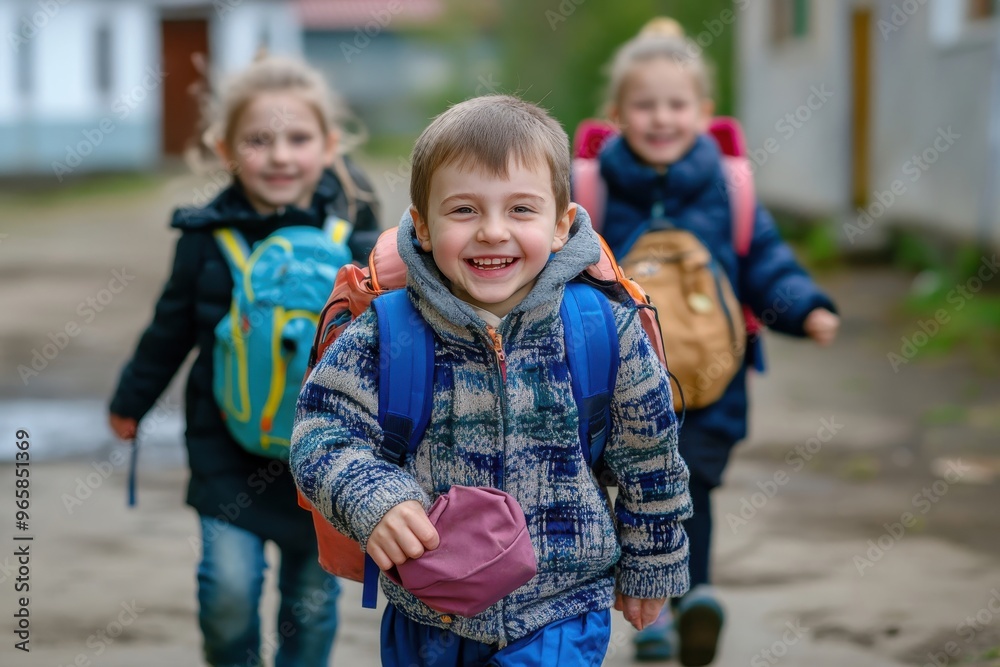 Fototapeta premium Three children happily walking to school with backpacks on a sunny morning in a residential area, surrounded by nature
