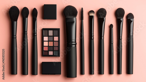 A set of black makeup brushes and eyeshadow palette on a peach-colored background. The brushes vary in size and shape, featuring powder, blush, eyeshadow, and mascara brushes.