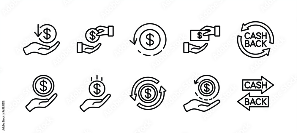 Cash back thin line icon set. Containing change money, rotation arrow sign symbol, refund, convert, deposit coin, purchase transaction, exchange, income, payment, revenue, receive, repay, pay off Cash back thin line icon set. Containing change money, rotation arrow sign symbol, refund, convert, deposit coin, purchase transaction, exchange, income, payment, revenue, receive, repay, pay off
