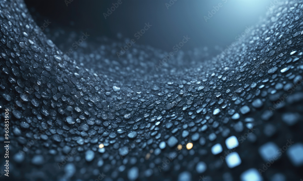 A close-up view of water droplets on a dark surface, illuminated by a soft light