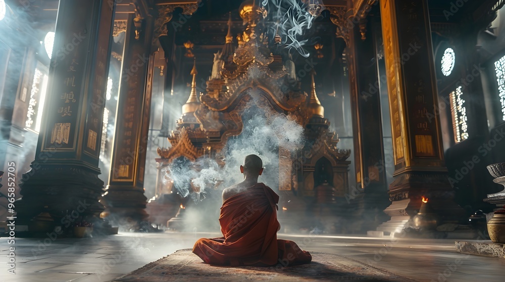 Monk Chanting Prayers in Ornate Temple Hall Filled with Incense Smoke Monk Chanting Prayers in Ornate Temple Hall Filled with Incense Smoke