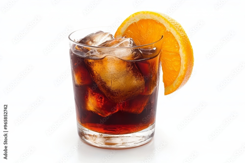 Refreshing Dark Cocktail, Ice Cubes, and Orange Slice Isolated on a White Background. Refreshing Dark Cocktail, Ice Cubes, and Orange Slice Isolated on a White Background.