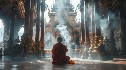 Monk Chanting Prayers in Ornate Temple Hall amidst Incense Smoke photo