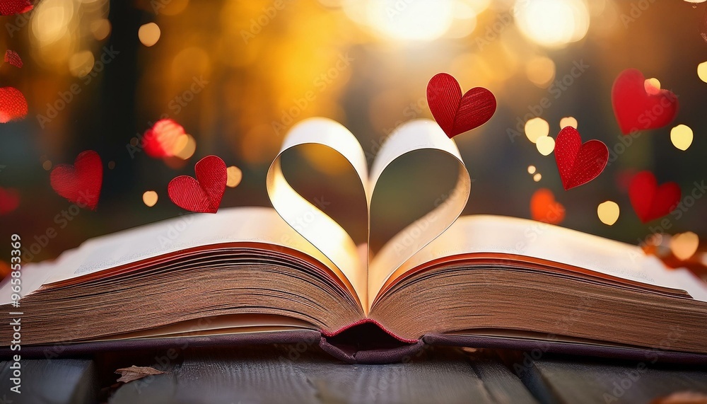 Open book with red heart decoration and falling heart-shaped bokeh in an autumn setting symbolizing love for reading Open book with red heart decoration and falling heart-shaped bokeh in an autumn setting symbolizing love for reading