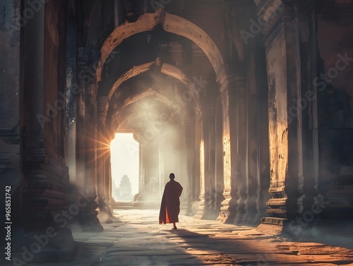 Solitary Monk Traversing an Ancient Temple Corridor with Rays of Spiritual Illumination photo