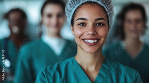 A happy nurse wearing scrubs and a cap, with a big smile, standing in front of a blurred team, signifying joy and a positive environment in the medical setting.