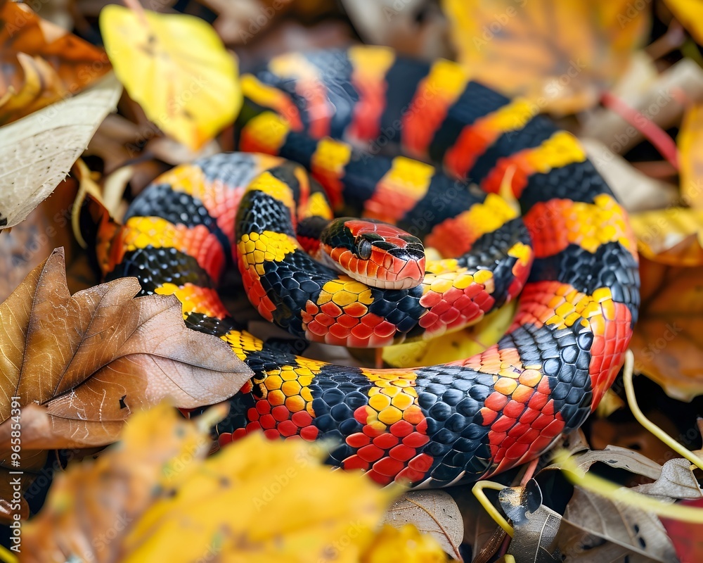 Vibrant Coral Snake Navigating Through Autumn Foliage Vibrant Coral Snake Navigating Through Autumn Foliage
