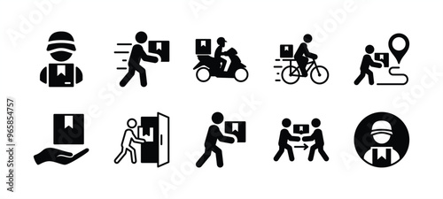 Package delivery courier flat icon set. Parcel shipping or shipment service. Containing man, motorcycle, bicycle, tracking, receive packet, human give cardboard box. Vector illustration