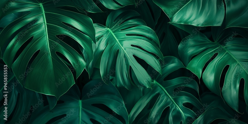 Close-up of lush green monstera leaves, displaying their distinctive and eye-catching natural patterns and textures. Close-up of lush green monstera leaves, displaying their distinctive and eye-catching natural patterns and textures.