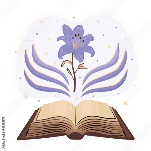 Old magical open book with a flower and sparks, shining notebook with blank pages and exquisite blue lily, vintage empty paper, dark academy literature, back to school vector color illustration