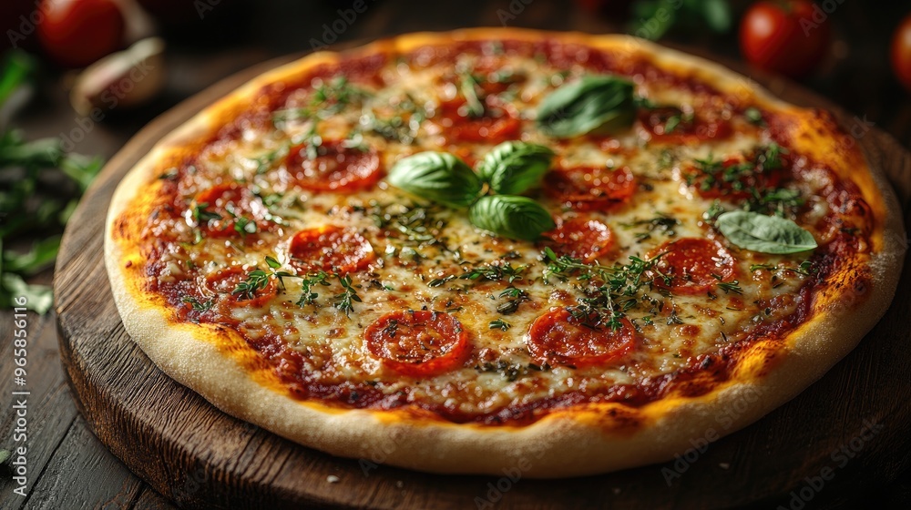 Delicious Flat Lay of a Pizza Garnished with Fresh Herbs Perfect for Culinary Blogs and Restaurant Menus Delicious Flat Lay of a Pizza Garnished with Fresh Herbs Perfect for Culinary Blogs and Restaurant Menus