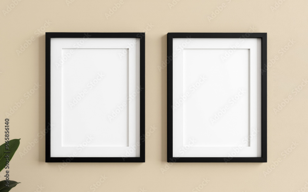 Two rectangular frames hang on a beige wall Two rectangular frames hang on a beige wall