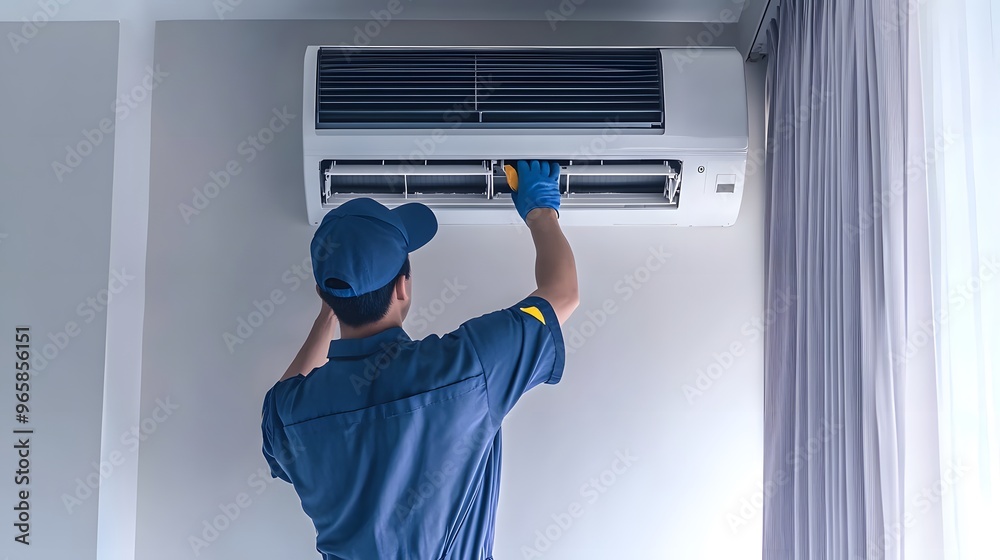 An air conditioning technician is repairing air conditioners in the room