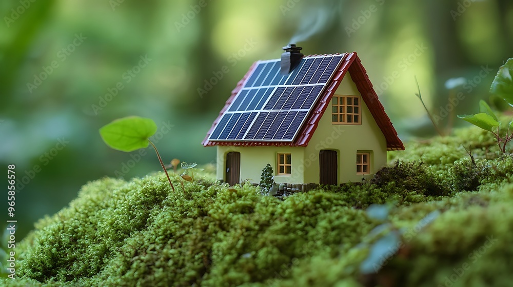 A small house with solar panels on its roof sits on a bed of moss. A small house with solar panels on its roof sits on a bed of moss.