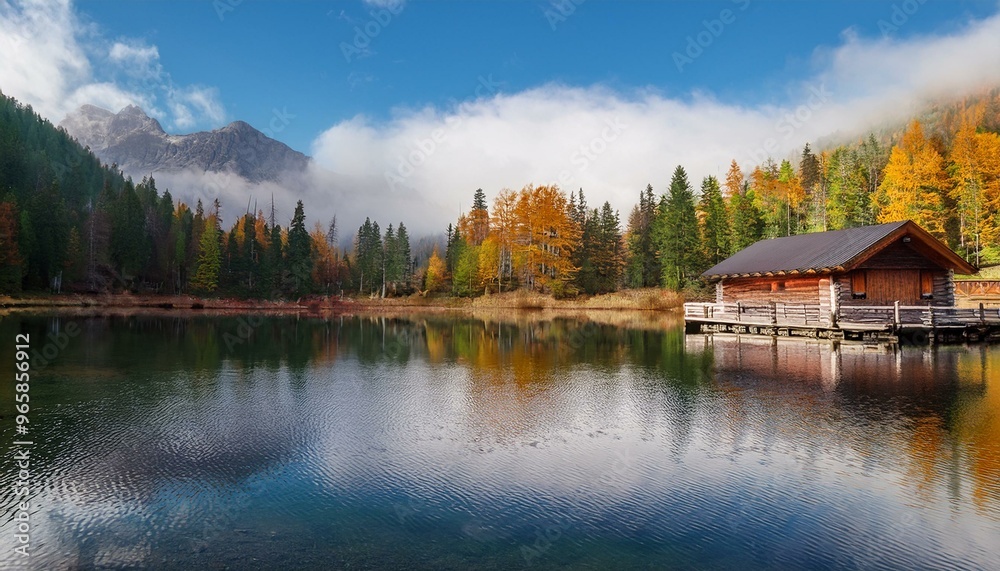 Fototapeta premium Tranquil Autumn Mountain Lake with Cabin and Reflective Waters in a Serene Forested Landscape with Misty Mountains
