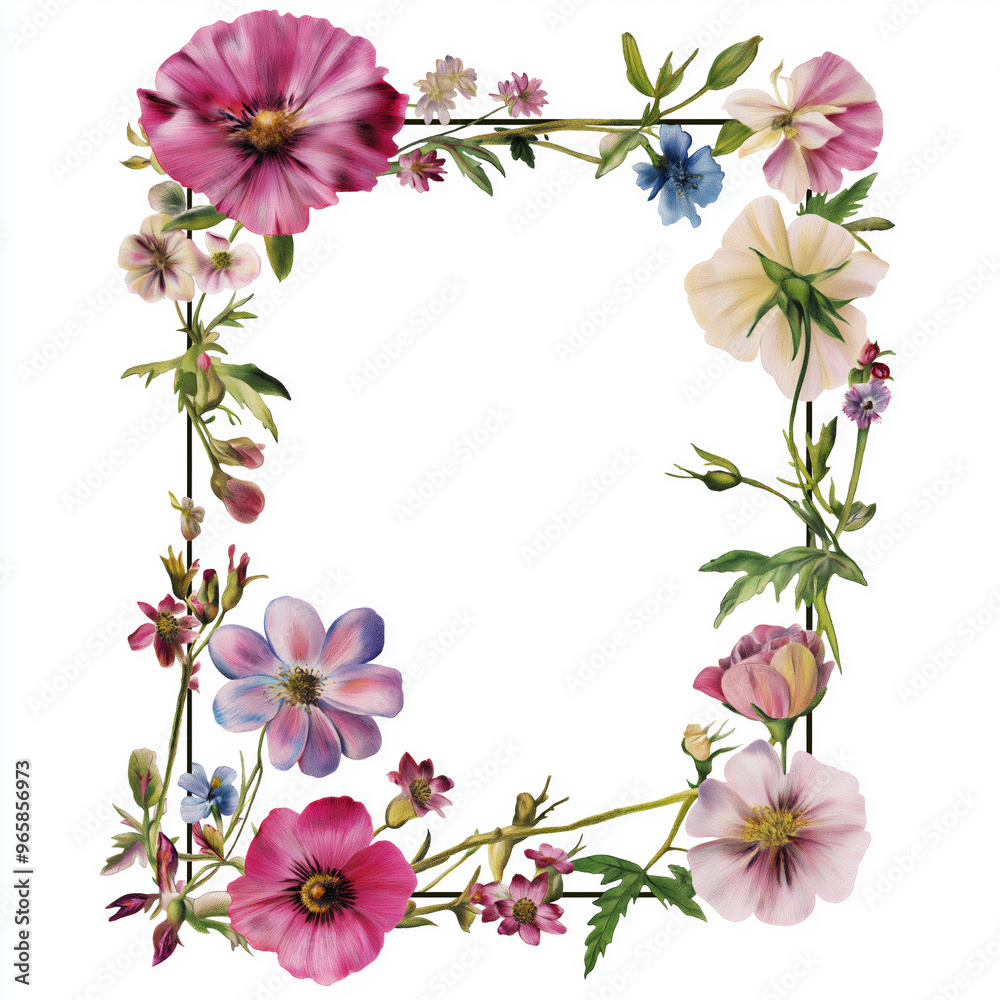 Fototapeta premium Floral frame. Rectangular watercolor floral frame on white background