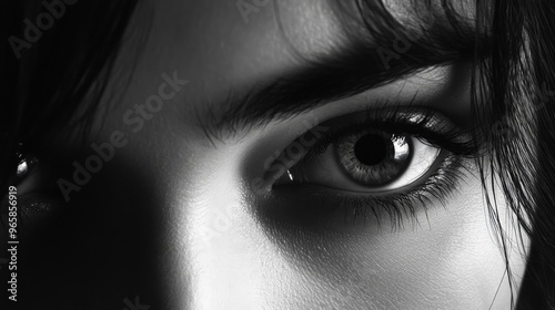 Close-up of a woman eyes, her expression enigmatic, as if she knows a secret that no one else does, soft lighting enhances the mystery