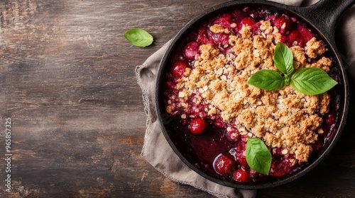 A vibrant homemade cherry crumble pie placed in a rustic skillet, beautifully topped with fresh green basil leaves, and presented with scattered cherries on a textured surface. photo